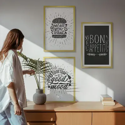 Kompozice obrazů na stěnu s grafikou potravin a kulinářskými slogany