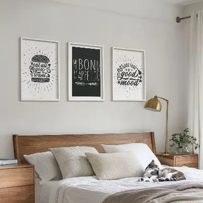 Kompozice obrazů na stěnu s grafikou potravin a kulinářskými slogany
