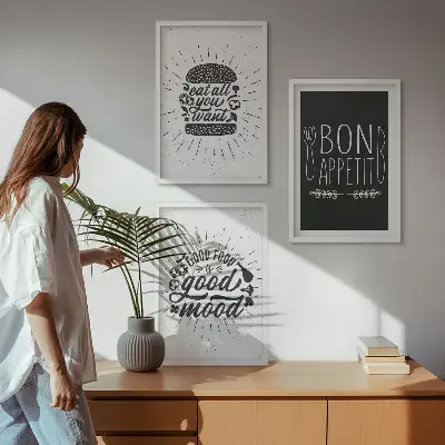 Kompozice obrazů na stěnu s grafikou potravin a kulinářskými slogany