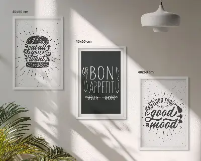 Kompozice obrazů na stěnu s grafikou potravin a kulinářskými slogany