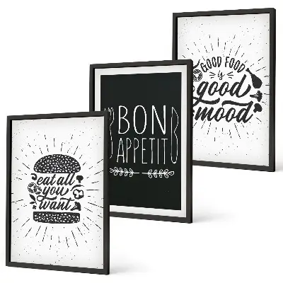 Kompozice obrazů na stěnu s grafikou potravin a kulinářskými slogany