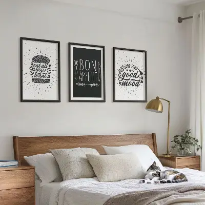 Kompozice obrazů na stěnu s grafikou potravin a kulinářskými slogany