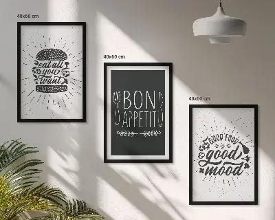 Kompozice obrazů na stěnu s grafikou potravin a kulinářskými slogany
