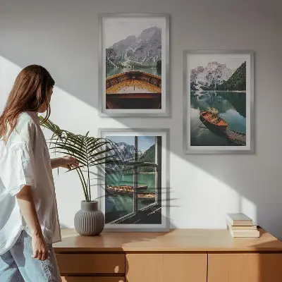 Sada 3 obrazů lodní okno na horské jezero
