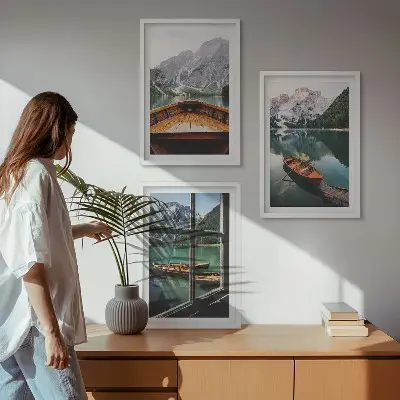 Sada 3 obrazů lodní okno na horské jezero