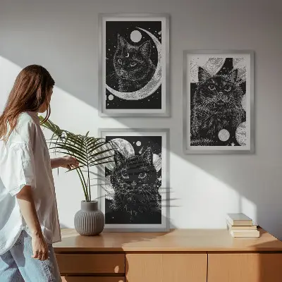 Sada obrazů do obývacího pokoje černé kočky na Měsíci ve vesmíru