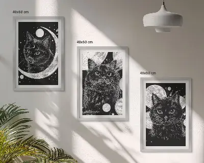 Sada obrazů do obývacího pokoje černé kočky na Měsíci ve vesmíru