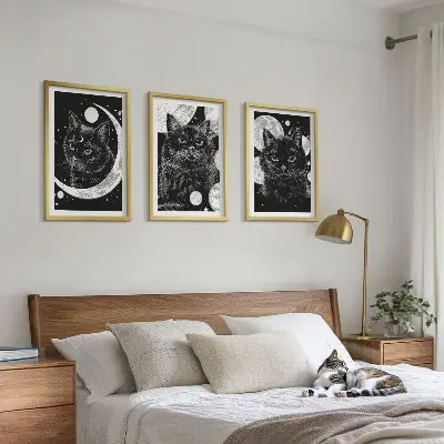 Sada obrazů do obývacího pokoje černé kočky na Měsíci ve vesmíru