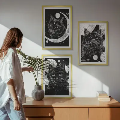 Sada obrazů do obývacího pokoje černé kočky na Měsíci ve vesmíru