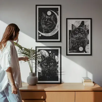 Sada obrazů do obývacího pokoje černé kočky na Měsíci ve vesmíru