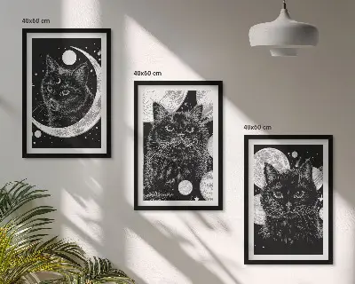 Sada obrazů do obývacího pokoje černé kočky na Měsíci ve vesmíru