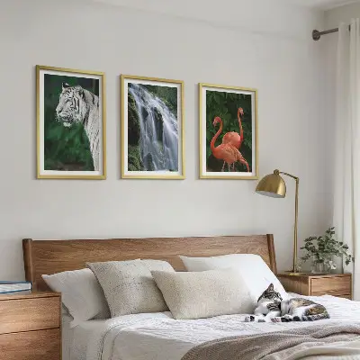 Sada obrazů do obývacího pokoje s motivem tygra, vodopádu a plameňáků v přírodě