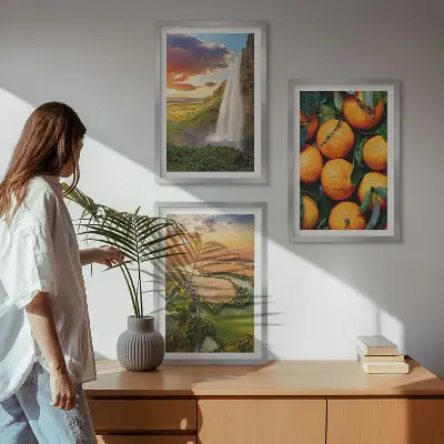 Sada obrazů do obývacího pokoje vodopád a oranžové hory