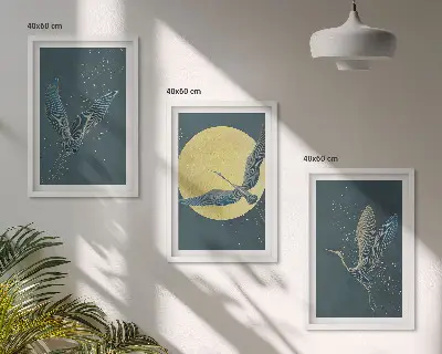 Sada 3 obrazů jeřábi v letu v noci