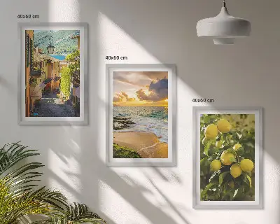 Sada obrazů do obývacího pokoje s motivem ulice, moře, pláže a citrusových stromů