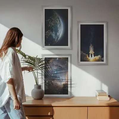 Sada obrazů do obývacího pokoje vesmír, Země, raketa a galaxie