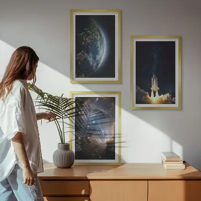 Sada obrazů do obývacího pokoje vesmír, Země, raketa a galaxie