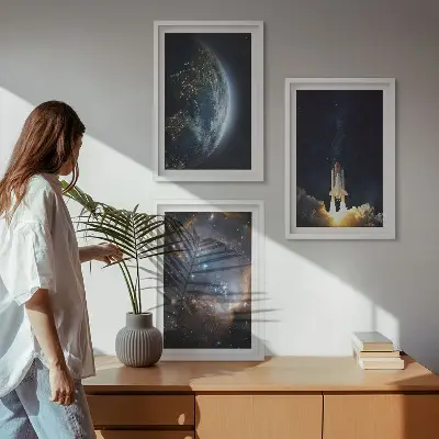 Sada obrazů do obývacího pokoje vesmír, Země, raketa a galaxie