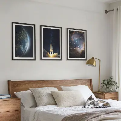Sada obrazů do obývacího pokoje vesmír, Země, raketa a galaxie