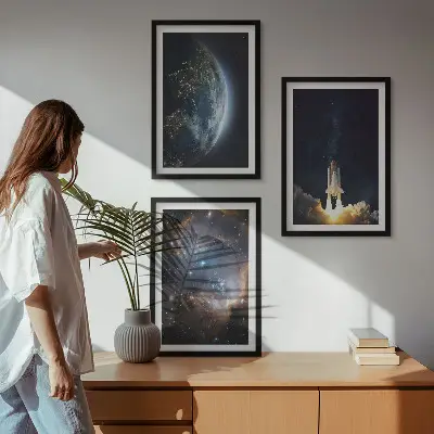 Sada obrazů do obývacího pokoje vesmír, Země, raketa a galaxie