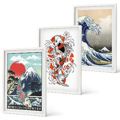 Sada obrazů do obývacího pokoje s motivem hor a japonské vlny