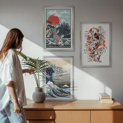 Sada obrazů do obývacího pokoje s motivem hor a japonské vlny