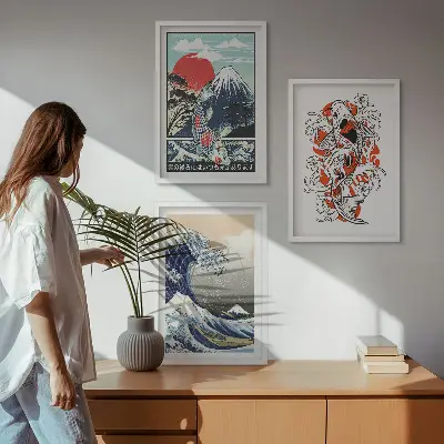 Sada obrazů do obývacího pokoje s motivem hor a japonské vlny