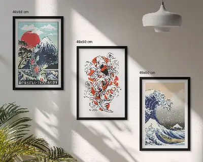 Sada obrazů do obývacího pokoje s motivem hor a japonské vlny