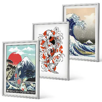 Sada obrazů do obývacího pokoje s motivem hor a japonské vlny