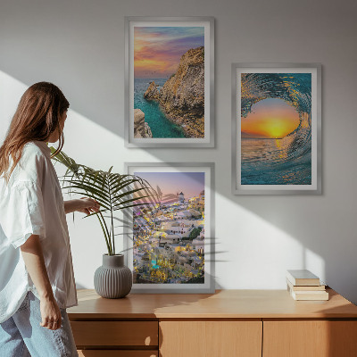 Sada obrazů do obývacího pokoje Mořské vlny bílé domy Santorini
