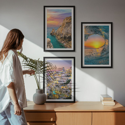 Sada obrazů do obývacího pokoje Mořské vlny bílé domy Santorini