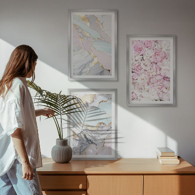 Sada obrazů do obývacího pokoje Růžové květy mramorový pastel