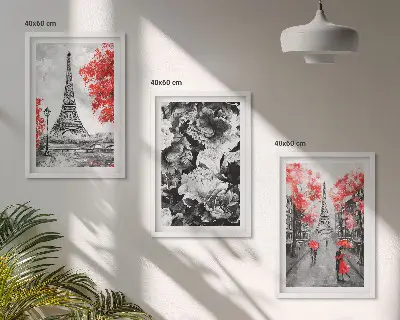 Sada 3 obrazů šedé obrazy s motivem Eiffelovy věže