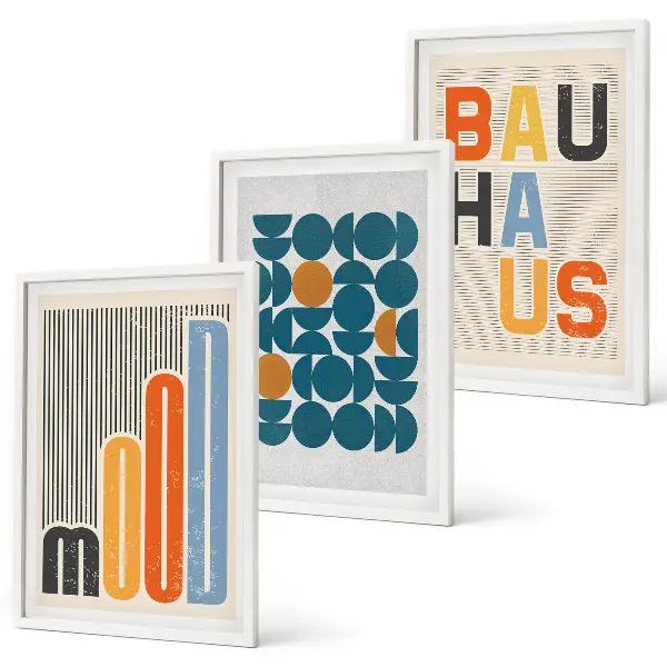 Sada obrazů do obývacího pokoje s geometrickými vzory ve stylu Bauhaus