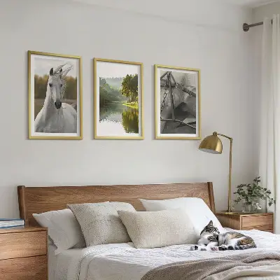 Sada 3 obrazů bílí koně v říční přírodě