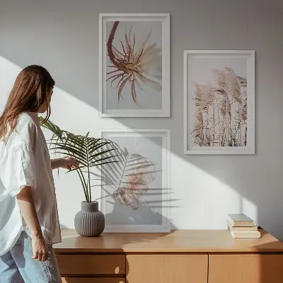 Sada obrazů na zeď tráva a květiny na světlém pozadí