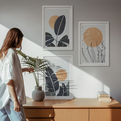 Sada 3 obrazů Rostlinné vzory s velkými sluncí, minimalistické