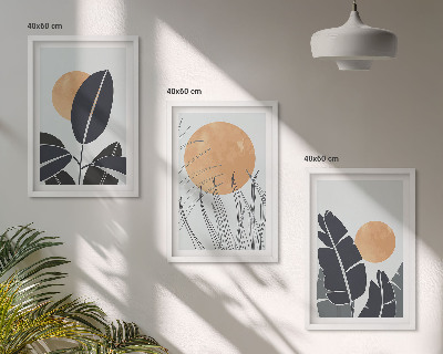 Sada 3 obrazů Rostlinné vzory s velkými sluncí, minimalistické