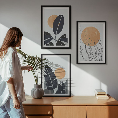 Sada 3 obrazů Rostlinné vzory s velkými sluncí, minimalistické