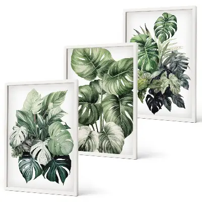 Sada obrazů do obývacího pokoje akvarel se zelenými tropickými listy