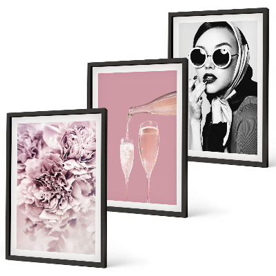 Sada 3 obrazů Růžové květy a elegantní dáma