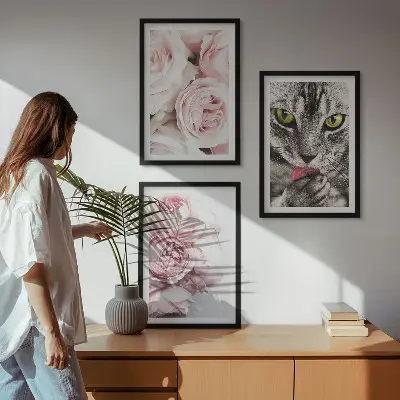 Kočka v růžových květech sada 3 obrazů