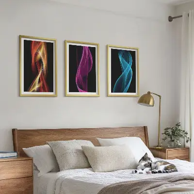 Sada obrazů do obývacího pokoje neonové vlnité linky na tmavém pozadí