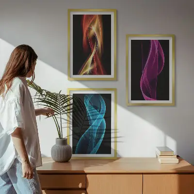 Sada obrazů do obývacího pokoje neonové vlnité linky na tmavém pozadí