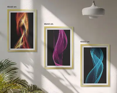 Sada obrazů do obývacího pokoje neonové vlnité linky na tmavém pozadí