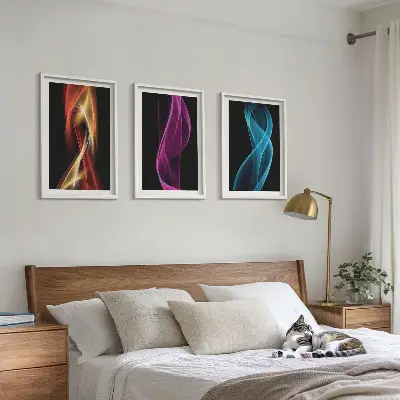 Sada obrazů do obývacího pokoje neonové vlnité linky na tmavém pozadí