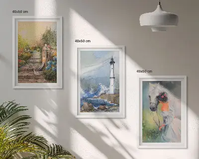 Sada obrazů do obývacího pokoje s motivem scenérie s majákem, koněm a dívkou