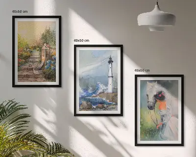 Sada obrazů do obývacího pokoje s motivem scenérie s majákem, koněm a dívkou