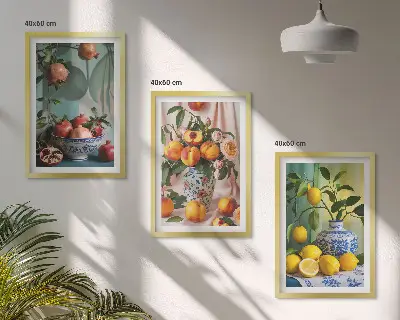 Kompozice obrazů na stěnu granátová jablka, broskve a citrony