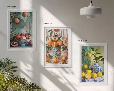 Kompozice obrazů na stěnu granátová jablka, broskve a citrony